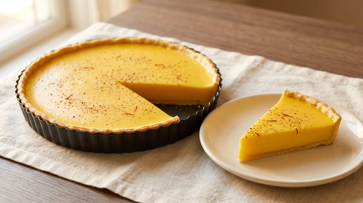 Golden saffron custard tart with crisp fluted pastry, grated nutmeg, and one clean slice on a cream plate