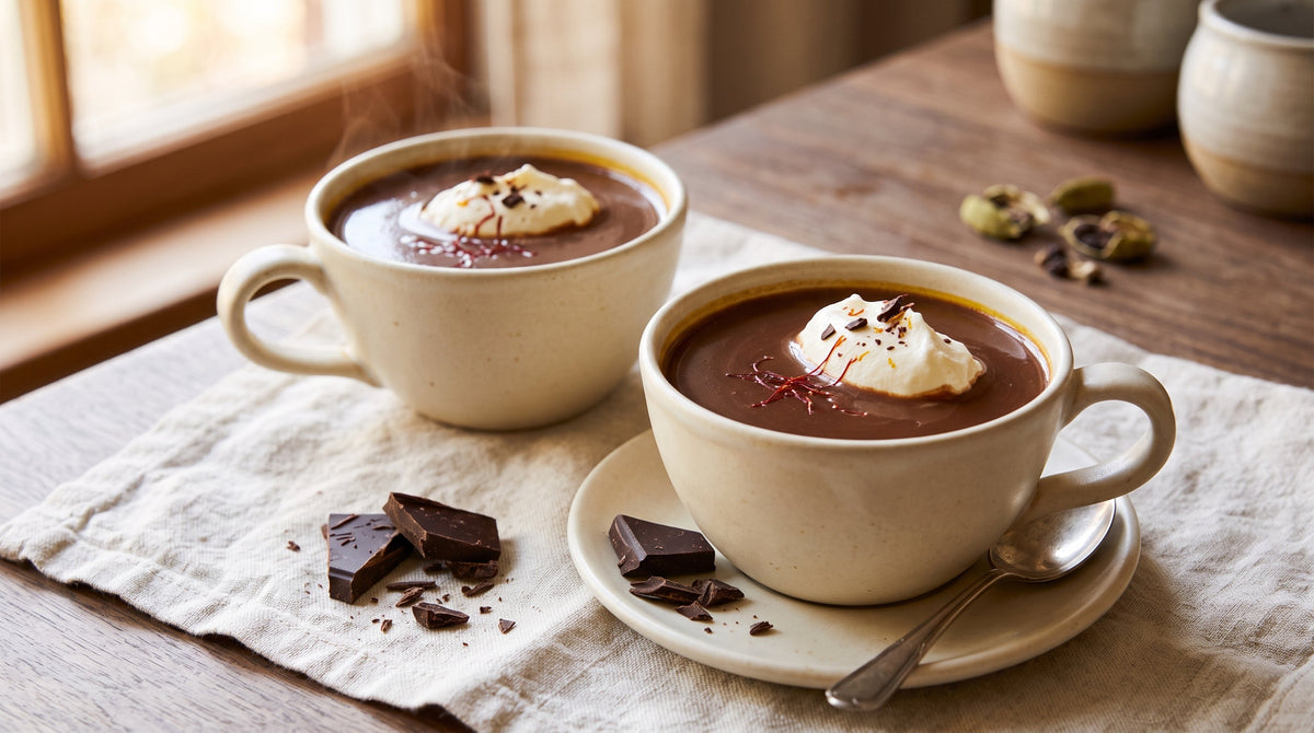 Two cups of rich saffron hot chocolate with whipped cream, visible saffron threads, dark chocolate, and cardamom