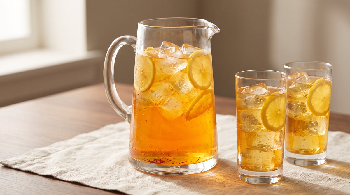 Cold saffron lemonade in a clear pitcher and two glasses with large ice cubes, lemon slices, and visible threads