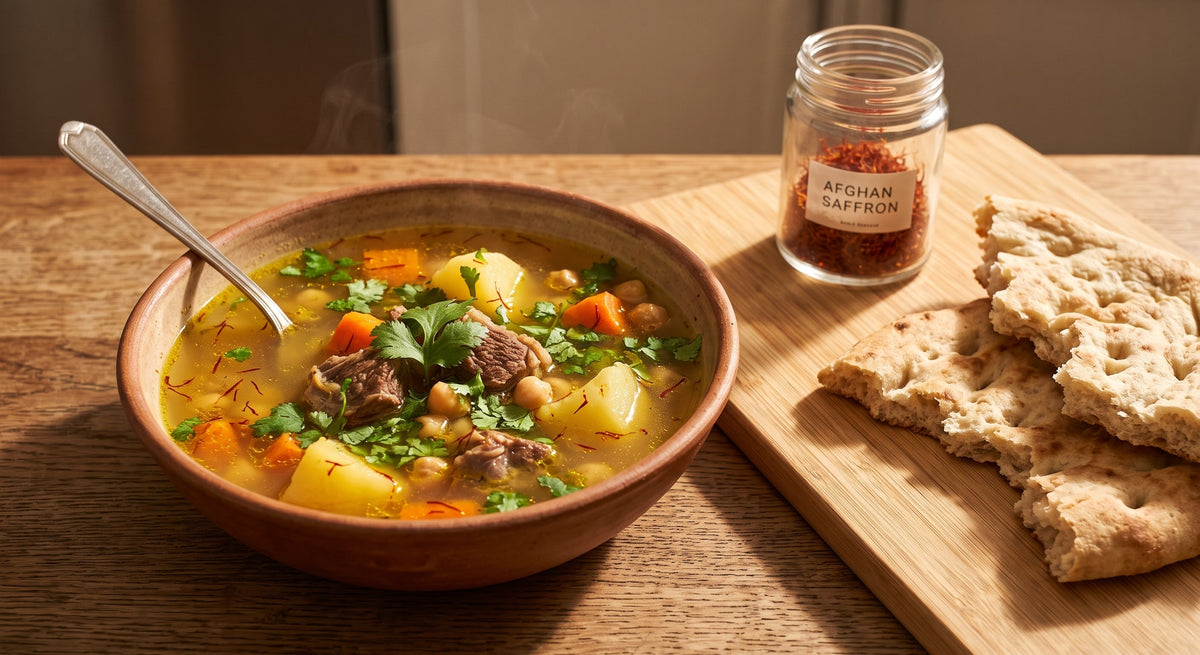 Afghan shorwa, a golden lamb and vegetable broth with potato and carrot, served with flatbread and a jar of Authentic Afghan Saffron