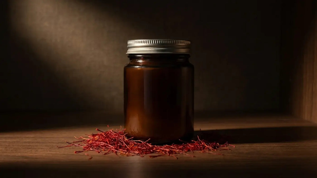 Saffron stored in an amber jar away from heat and light