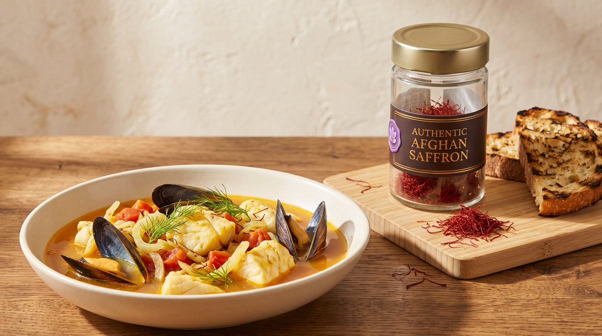 Mediterranean saffron fish stew with mussels and white fish in amber broth, grilled bread and a jar of Authentic Afghan Saffron alongside