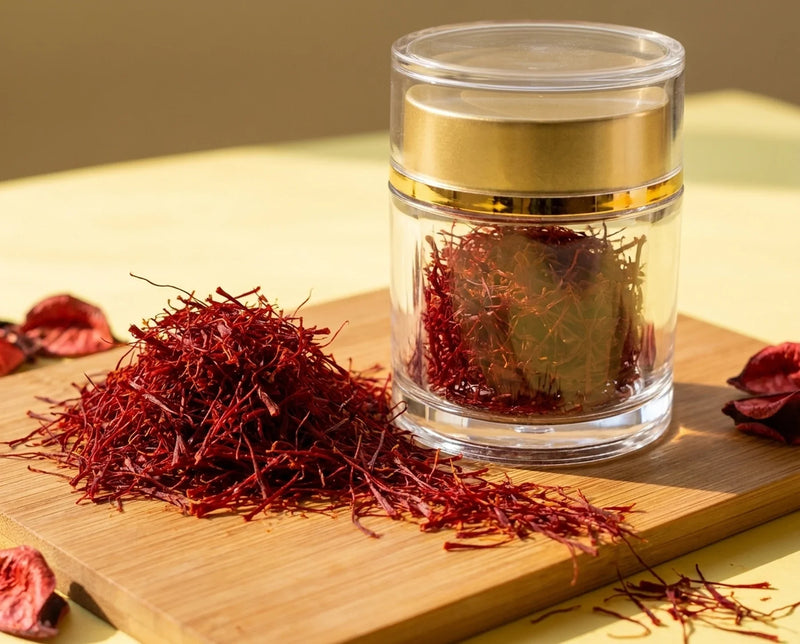 The Authentic Afghan Saffron crystal jar beside a heaped mound of all-red Super Negin threads and dried petals on a bamboo board