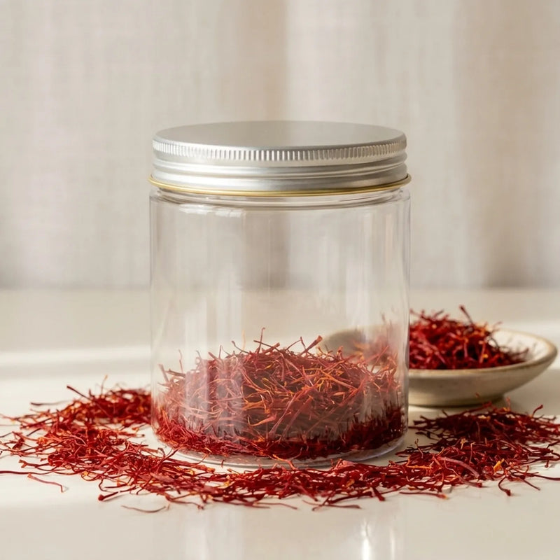 20 grams of all-red Afghan Super Negin saffron threads in a screw-top jar with a brushed silver lid