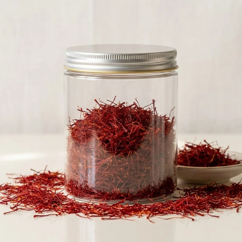 A clear screw-top jar filled with all-red Afghan Super Negin saffron threads, with loose threads scattered around the base and a small dish alongside