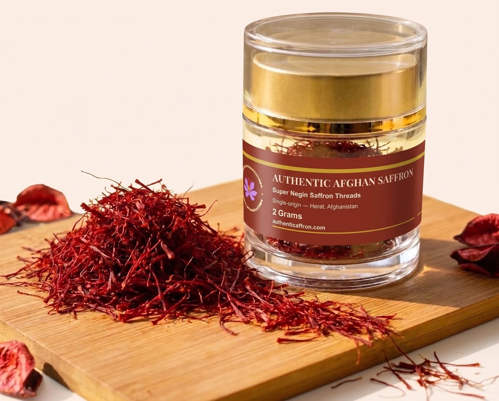 A 2 gram crystal jar of Authentic Afghan Saffron Super Negin threads