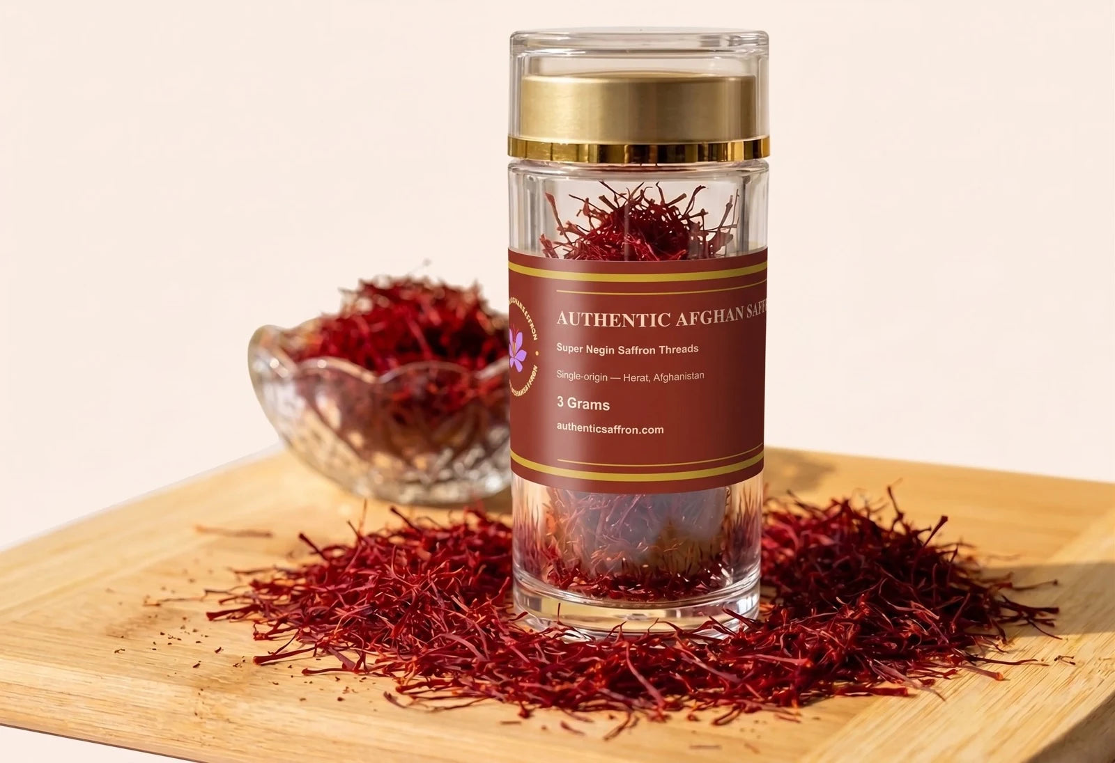 A 3 gram crystal jar of Authentic Afghan Saffron Super Negin threads