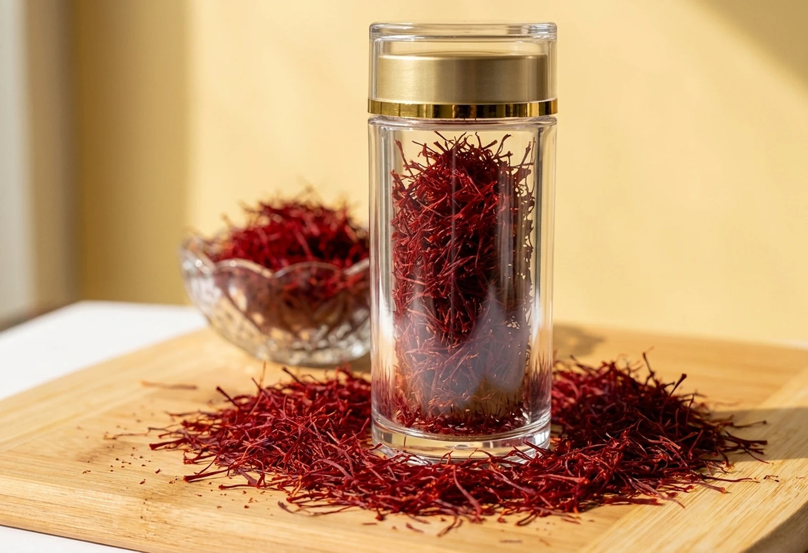 The Authentic Afghan Saffron gift box beside the branded porcelain teacup of golden saffron tea