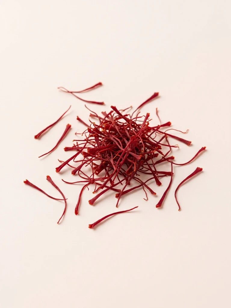 A crystal bowl filled with long all-red Super Negin saffron threads from Herat, Afghanistan, beside a cup of brewed saffron tea
