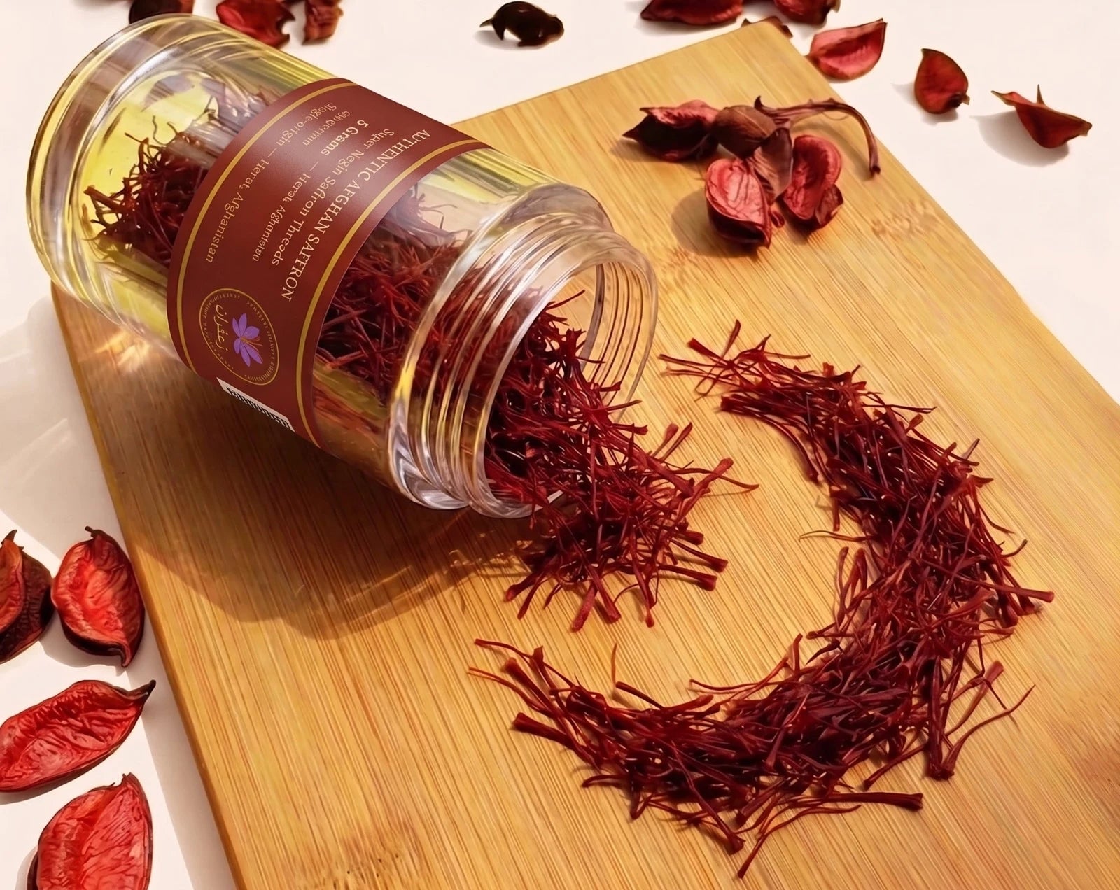 A 5 gram crystal jar packed with Authentic Afghan Saffron Super Negin threads