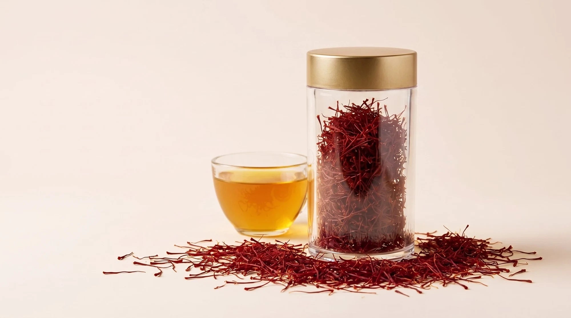 A crystal bowl heaped with all-red Afghan Super Negin saffron threads beside a glass teapot and cup of freshly brewed golden saffron tea on a bamboo board