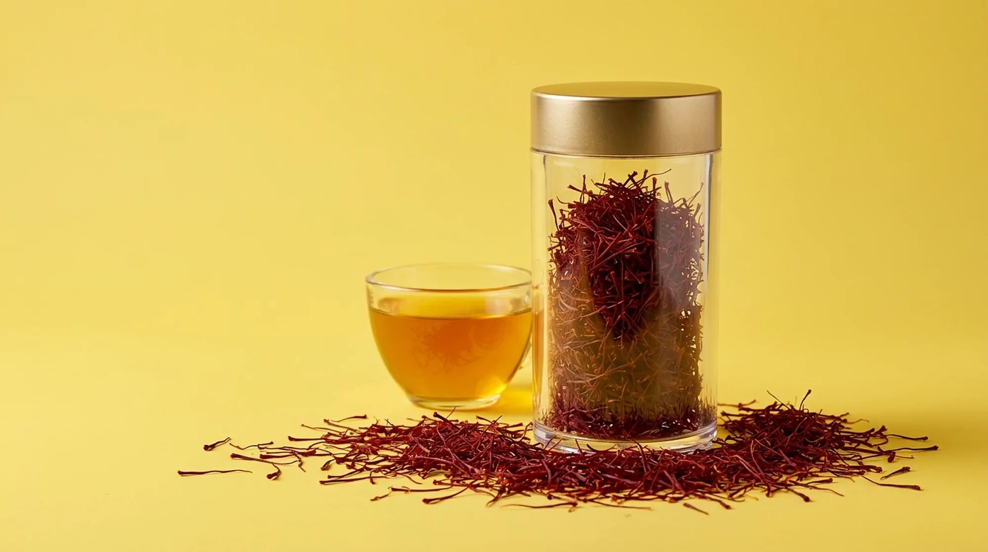 A glass teapot and the branded porcelain teacup filled with golden Afghan saffron tea
