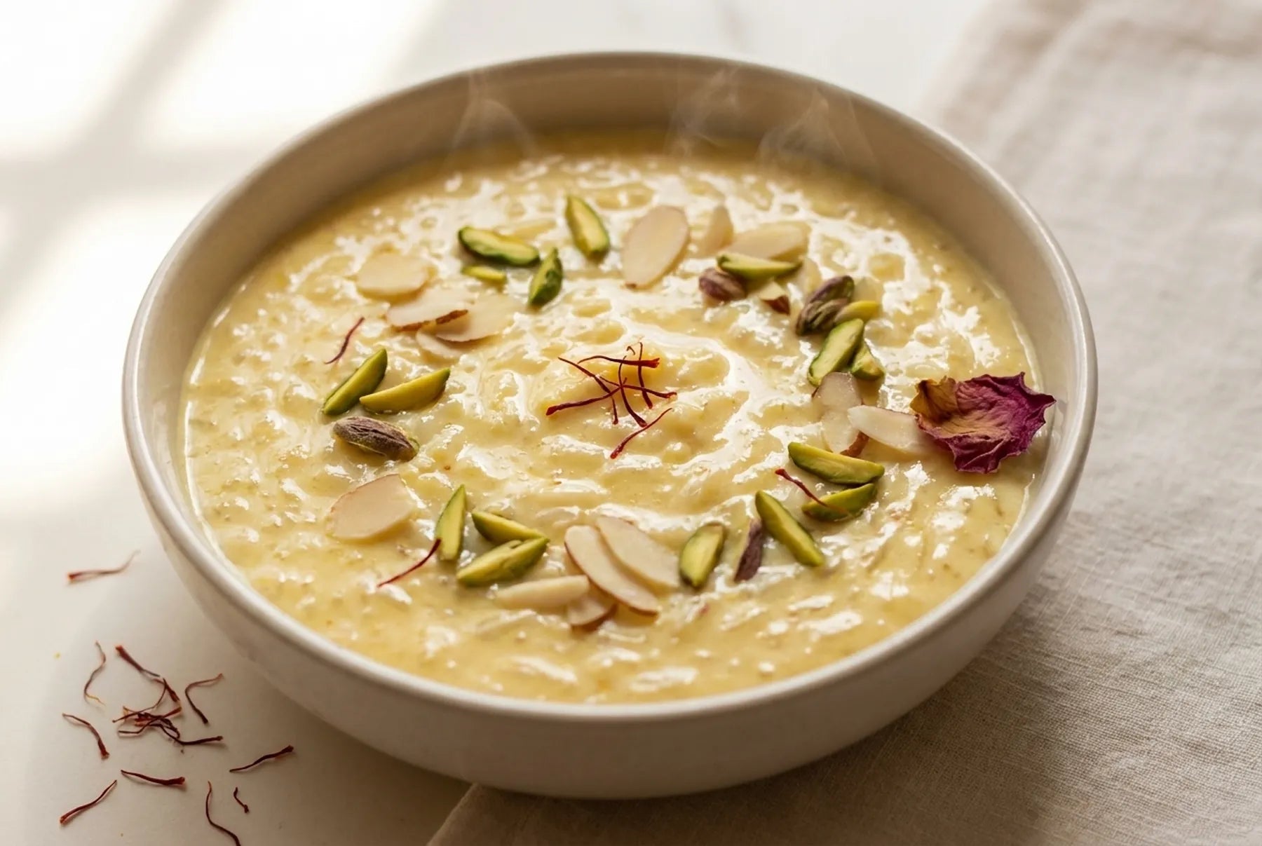 A bowl of creamy saffron kheer topped with slivered pistachios, almonds and red saffron threads