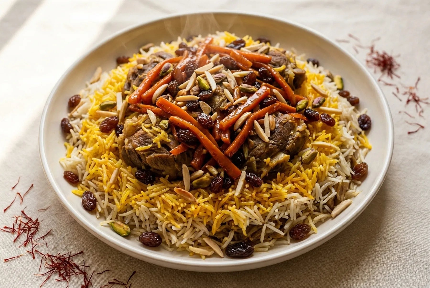 A platter of Afghan Qabuli Pulao — saffron-gold basmati rice over braised lamb with caramelised carrot, raisins and slivered nuts