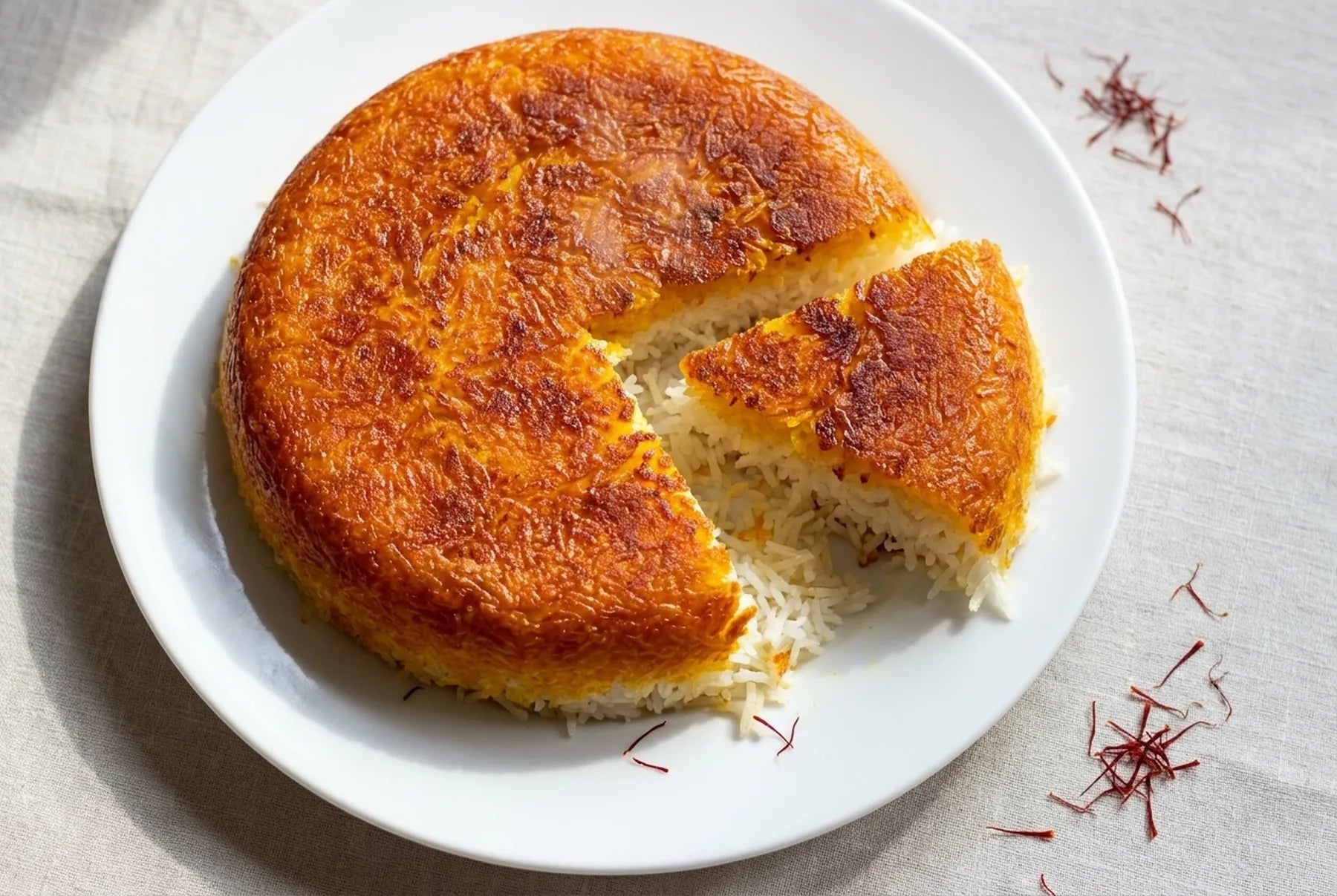 A whole golden saffron tahdig rice crust on a white plate with one wedge cut to show the crisp layer