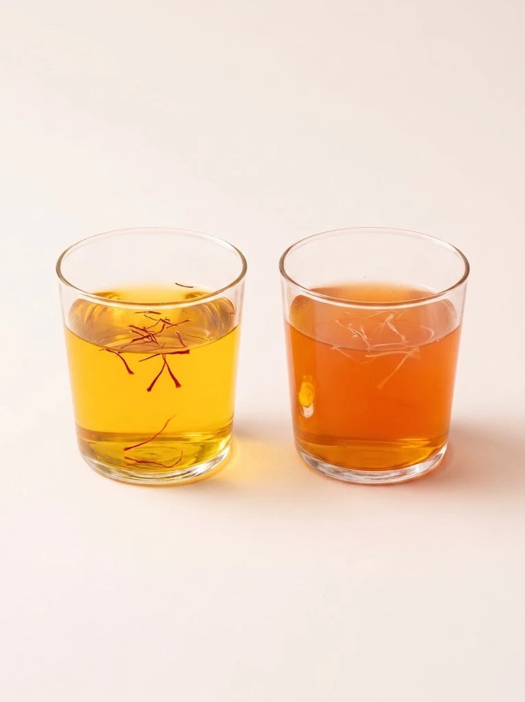 A bowl of deep red Herati saffron threads next to a branded Authentic Afghan Saffron teacup filled with golden saffron tea