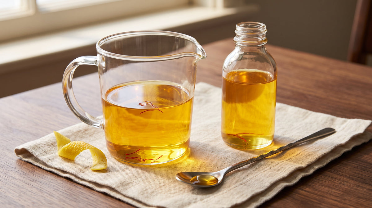 Clear marigold-gold saffron simple syrup with visible threads in a glass carafe and bottle