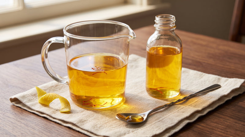 Clear marigold-gold saffron simple syrup with visible threads in a glass carafe and bottle