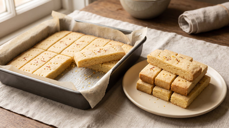 Pale-golden saffron shortbread fingers with fork holes, sugar sparkle, and crisp sandy crumb