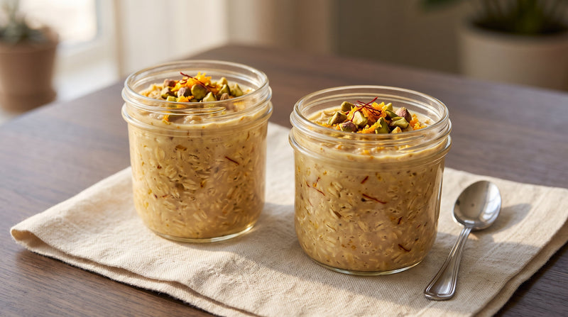 Two jars of saffron overnight oats with pistachios, orange zest, and visible saffron threads