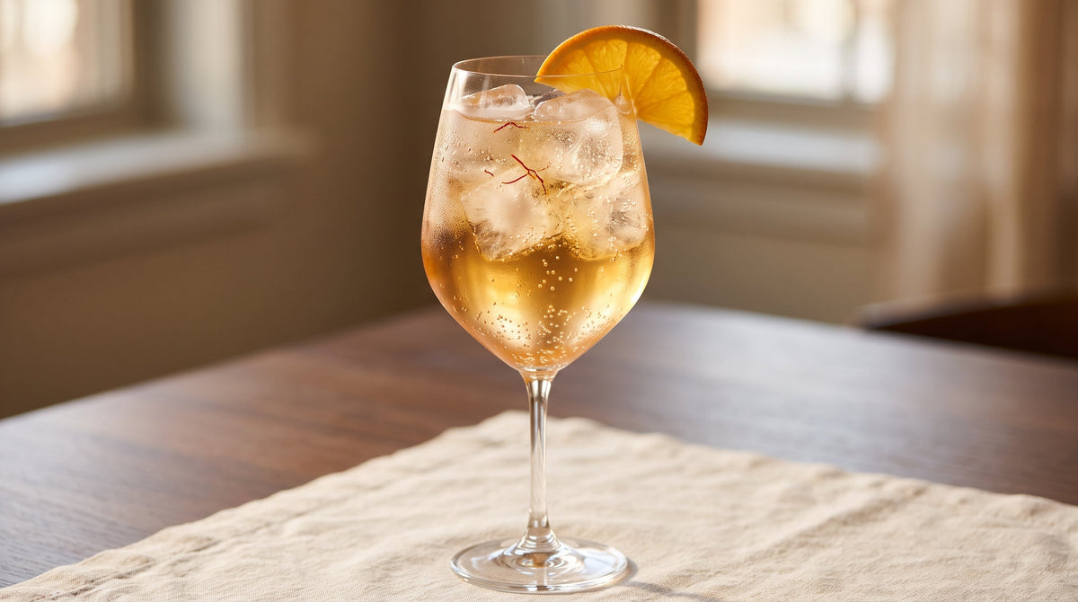 Alcohol-free saffron spritz mocktail with grapefruit, lime, sparkling water, large ice, and orange