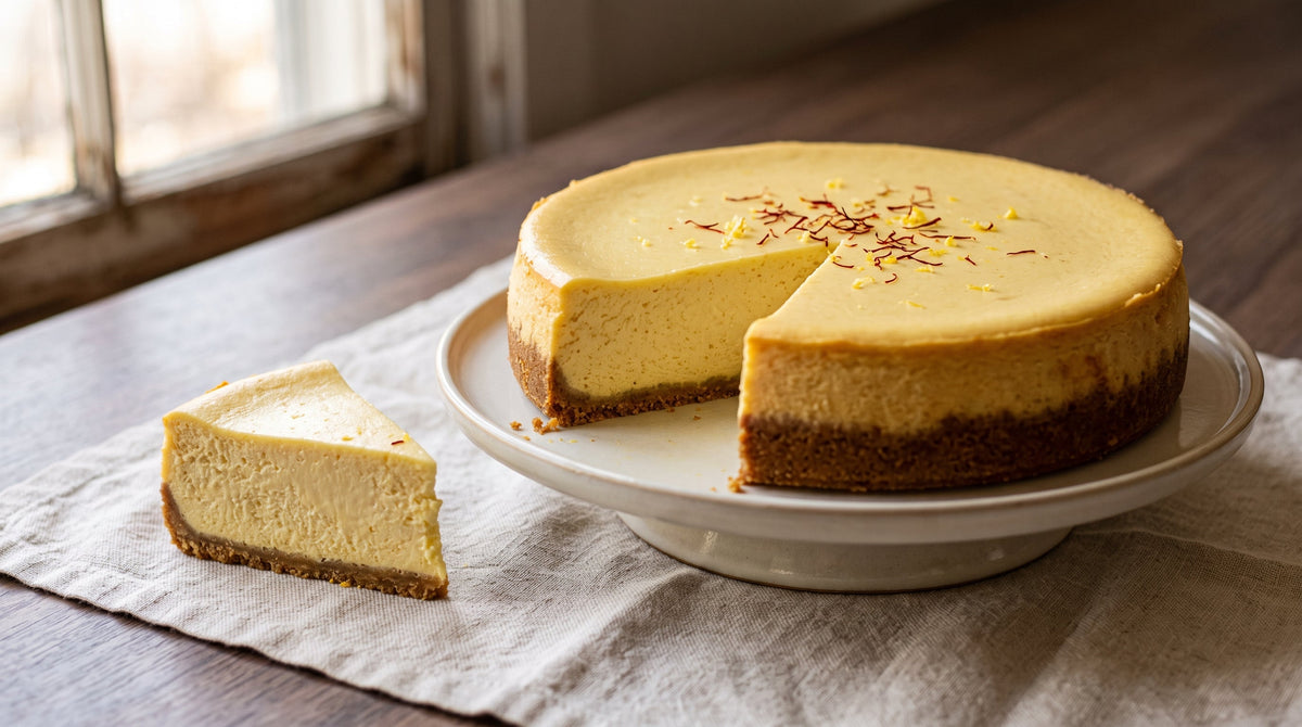 Saffron cheesecake with a pale golden filling, graham cracker crust, and saffron threads