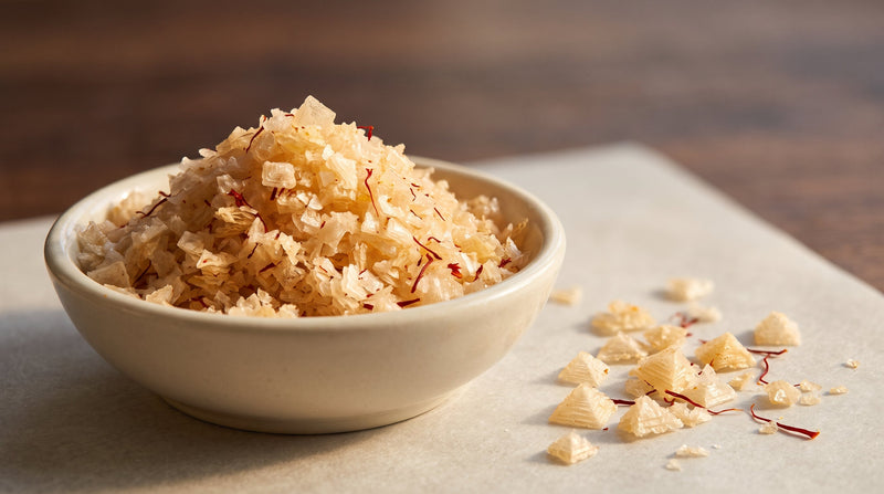 Apricot-gold saffron finishing salt flakes with visible saffron fragments in a cream pinch bowl