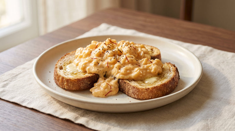 Soft saffron scrambled eggs with visible threads served on two slices of buttered sourdough toast