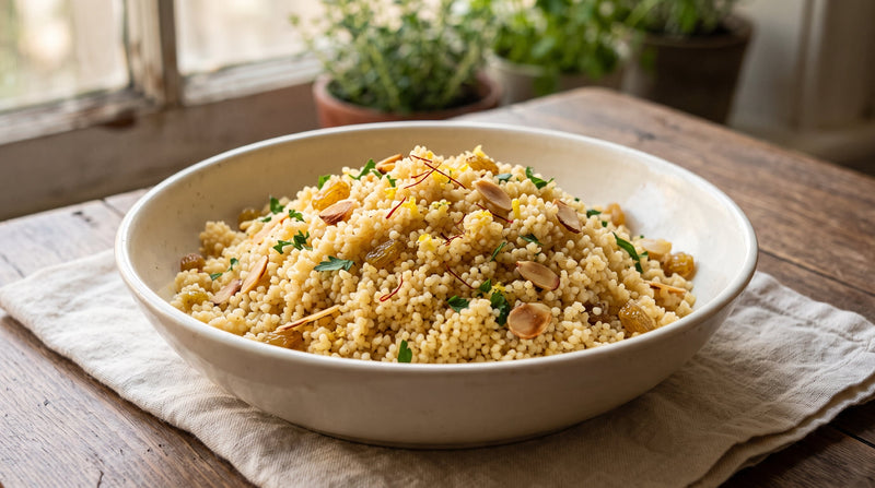Fluffy saffron couscous with currants, toasted sliced almonds, parsley, and lemon zest