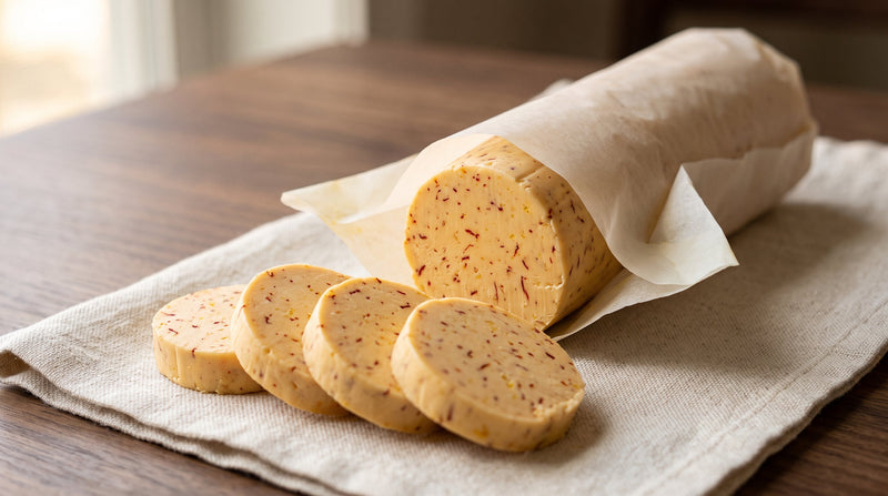 Chilled saffron compound butter log with sliced coins, visible saffron fragments, and lemon zest
