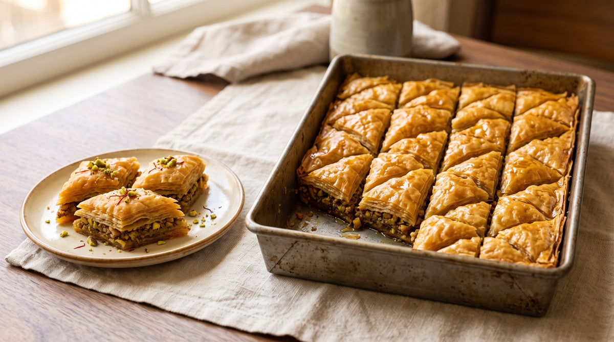 Golden saffron baklava diamonds with crisp phyllo, pistachio-walnut filling, syrup, and visible saffron threads
