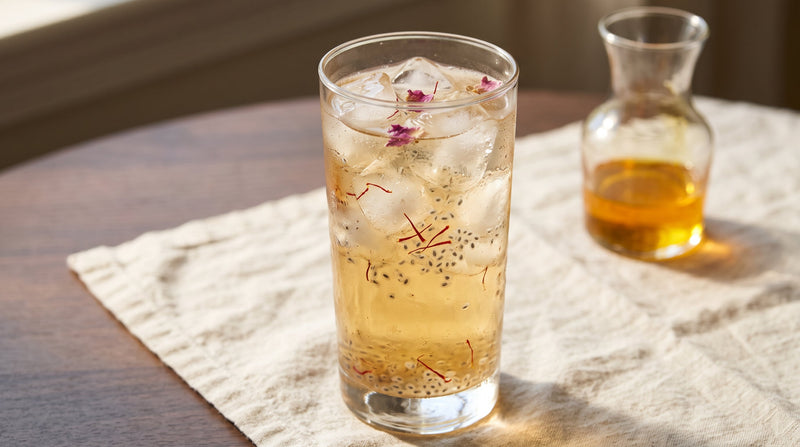 Cold saffron rose sharbat over ice with basil seeds, saffron threads, and a golden concentrate carafe