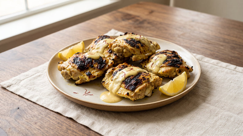 Saffron yogurt-marinated grilled chicken thighs with charred golden crust, reserved sauce, and lemon wedges