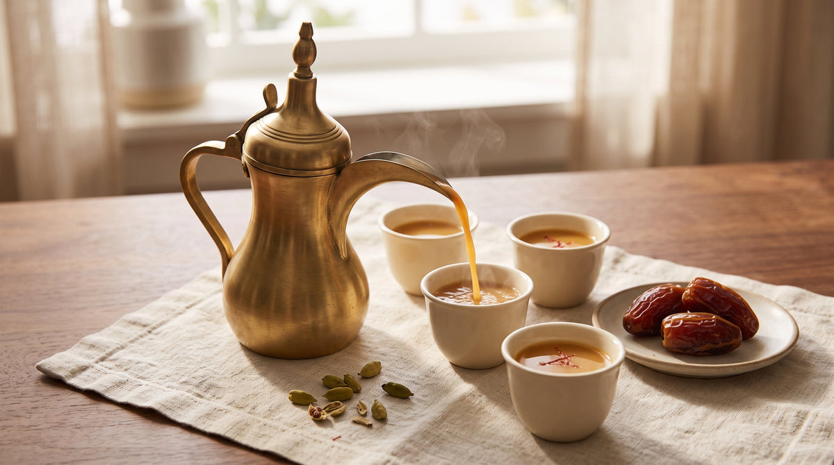 Traditional saffron cardamom Arabic coffee with brass dallah, four finjan cups, green cardamom, and dates