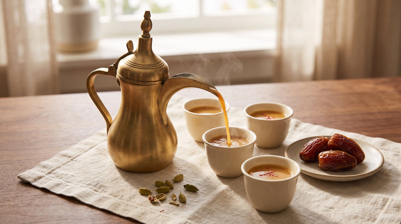 Traditional saffron cardamom Arabic coffee with brass dallah, four finjan cups, green cardamom, and dates