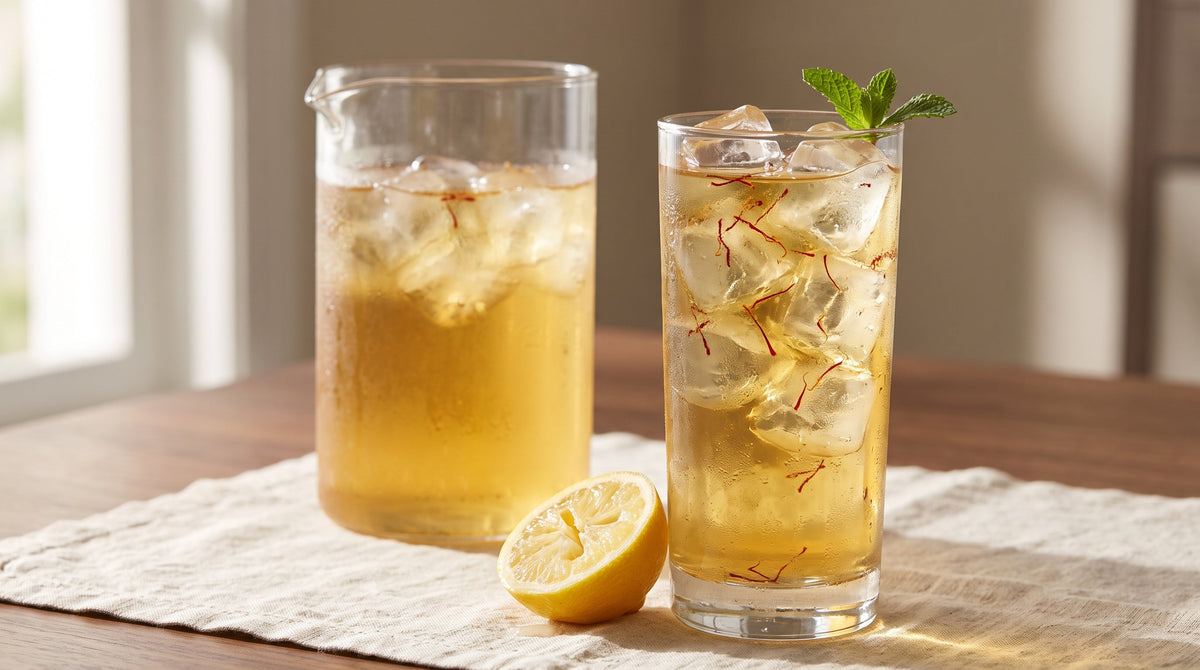 Cold saffron iced green tea with large ice cubes, visible saffron threads, lemon, and fresh mint