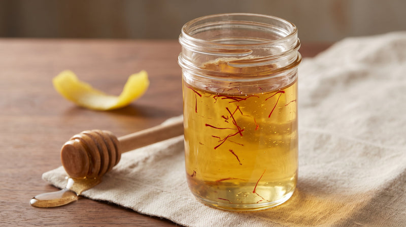 Clear pale-amber saffron-infused honey with suspended threads in an unlabeled glass jar