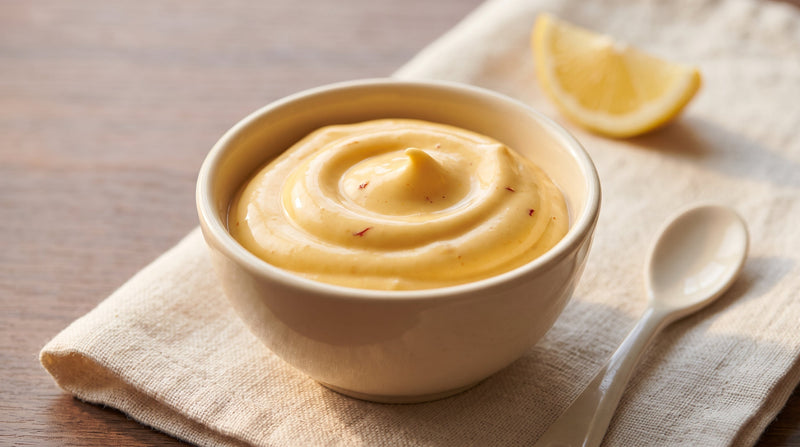 Thick glossy saffron aioli with pale apricot color, a soft swirl, and tiny saffron fragments