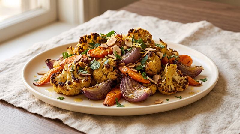 Saffron roasted cauliflower, carrots, and red onion with toasted almonds, parsley, and mint