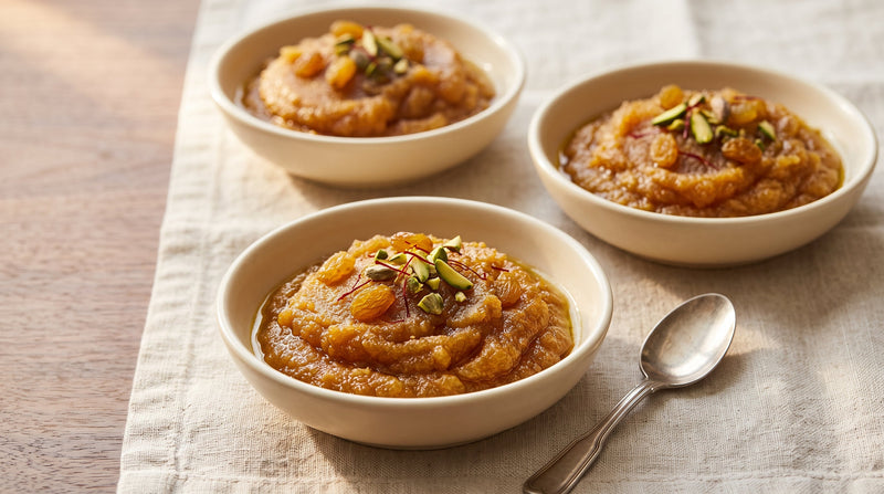 Warm saffron semolina halwa with coarse amber texture, pistachios, golden raisins, cardamom, and saffron threads