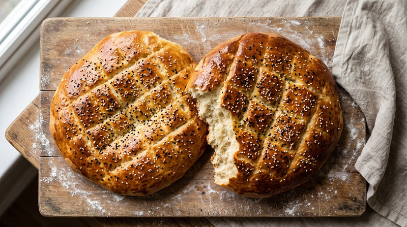 Afghan naan-e-roghani, two round enriched flatbreads with glossy egg-washed golden crust scattered with nigella and sesame seed