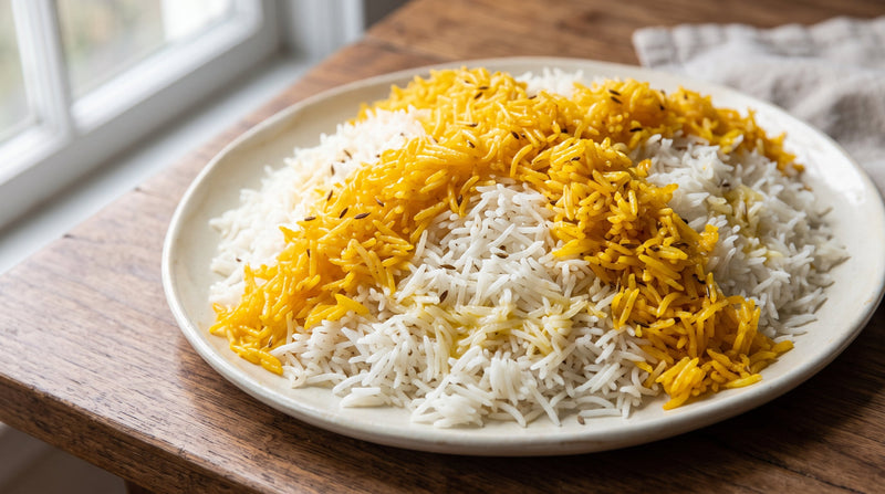 Afghan chalow on a ceramic platter, long-grain basmati with a portion stained deep saffron gold folded through the white rice