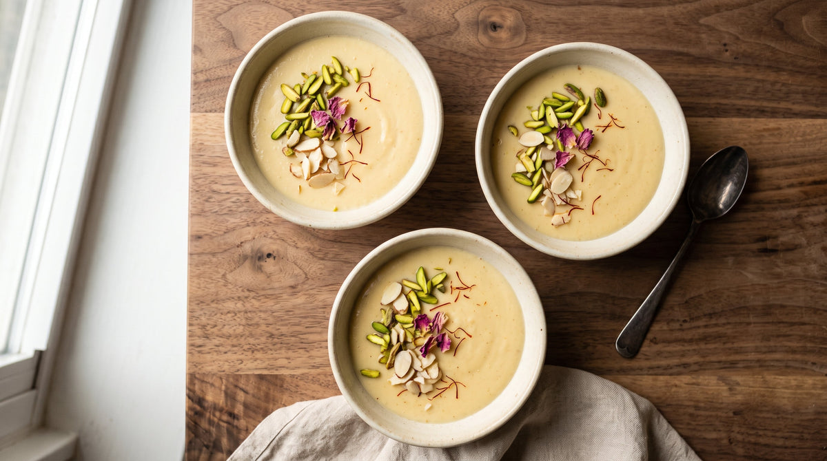 Afghan firni in three shallow cream bowls, pale gold saffron milk pudding topped with slivered pistachios, almonds and dried rose petals