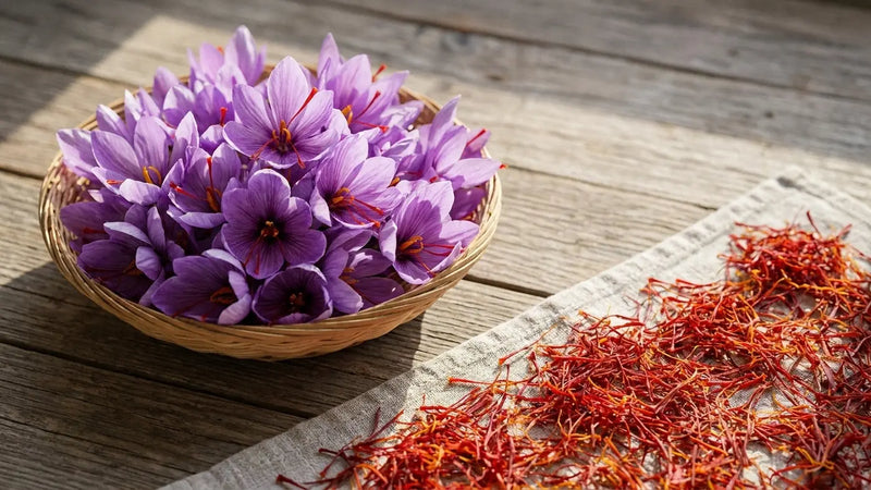 A woven basket of freshly picked Crocus sativus flowers beside separated red stigmas drying on cloth at dawn