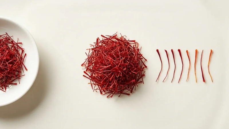 Super Negin saffron threads mounded on porcelain with individual threads laid out for ISO 3632 grading