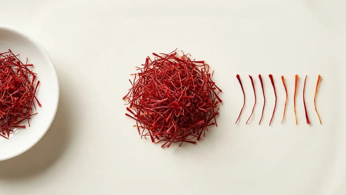 Saffron threads beside an ISO 3632 Extra Class grading guide