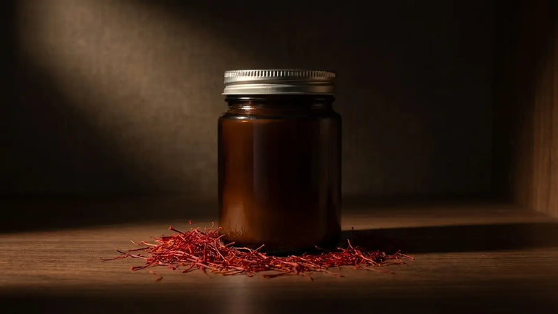 Sealed opaque amber glass jar of saffron stored in a dark cupboard with loose threads beside it