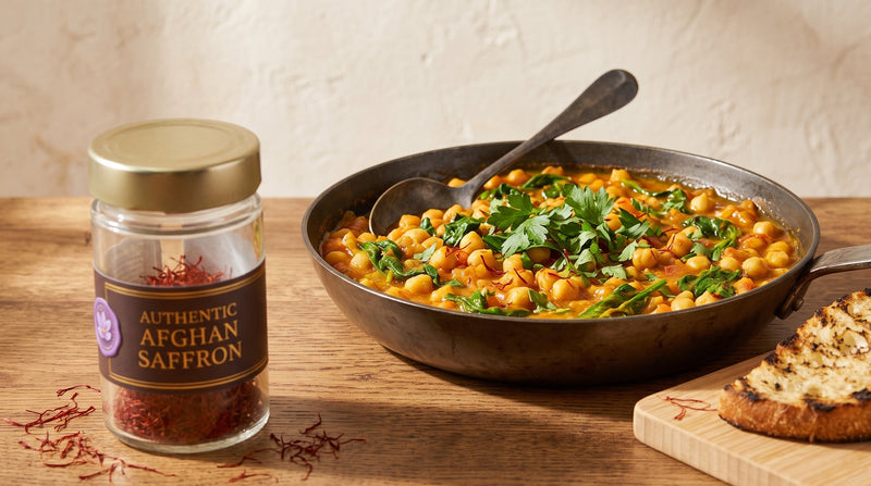 Saffron chickpea stew with spinach and coriander in a wide pan, beside a jar of Authentic Afghan Saffron threads