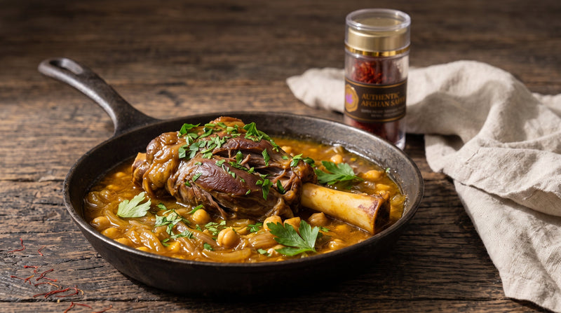 Slow-braised saffron lamb shank in a cast-iron pan with chickpeas and parsley, beside a jar of Authentic Afghan Saffron threads