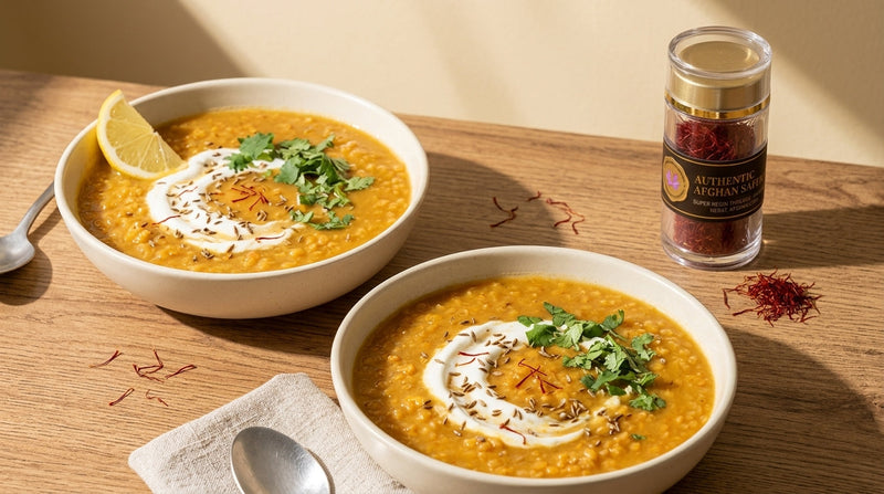 Two bowls of saffron red lentil soup with a yogurt swirl, coriander and lemon, beside a jar of Authentic Afghan Saffron threads